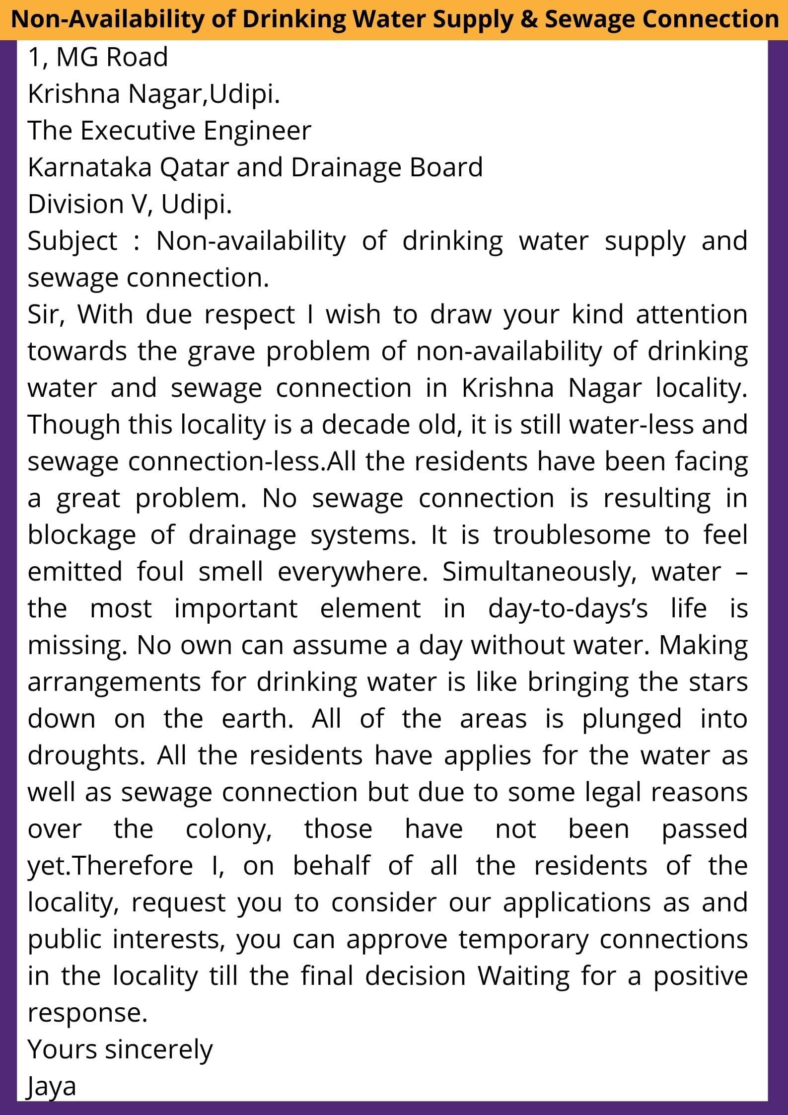 Letter on Non Availability of Drinking Water Supply