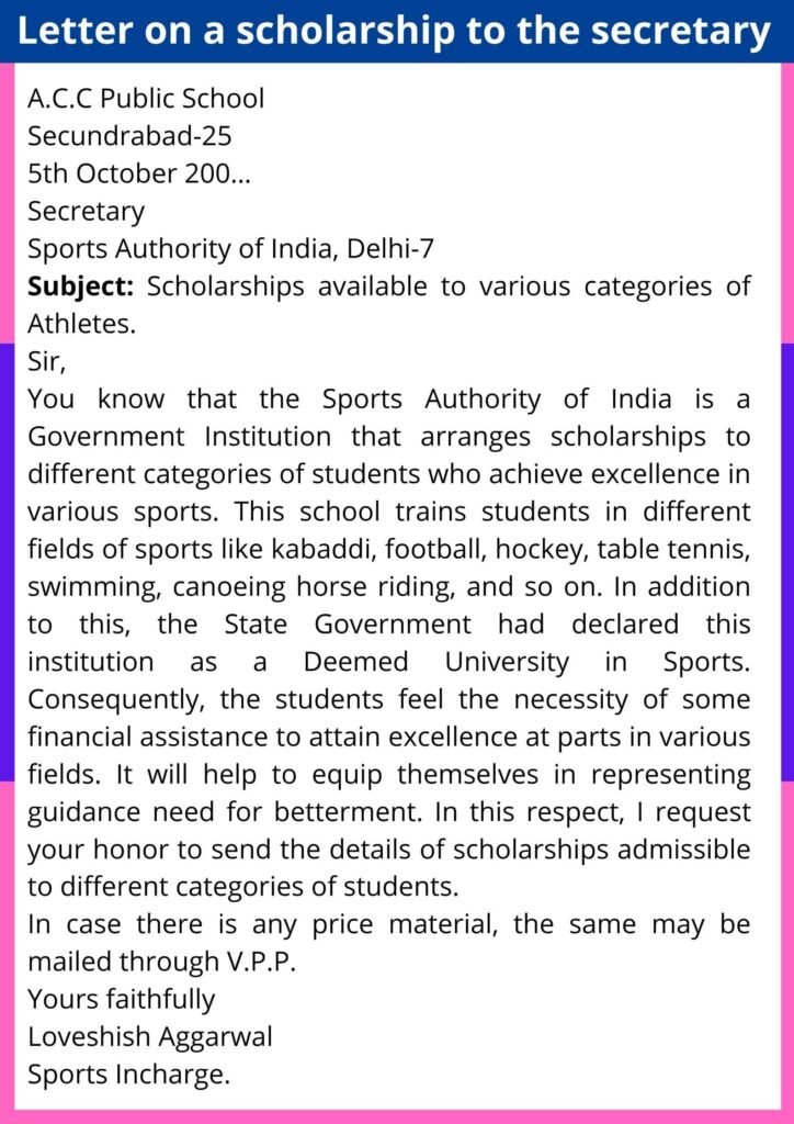 Letter on a scholarship to the secretary
