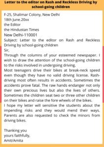 Letter on Rash and Reckless Driving by School-Going Children