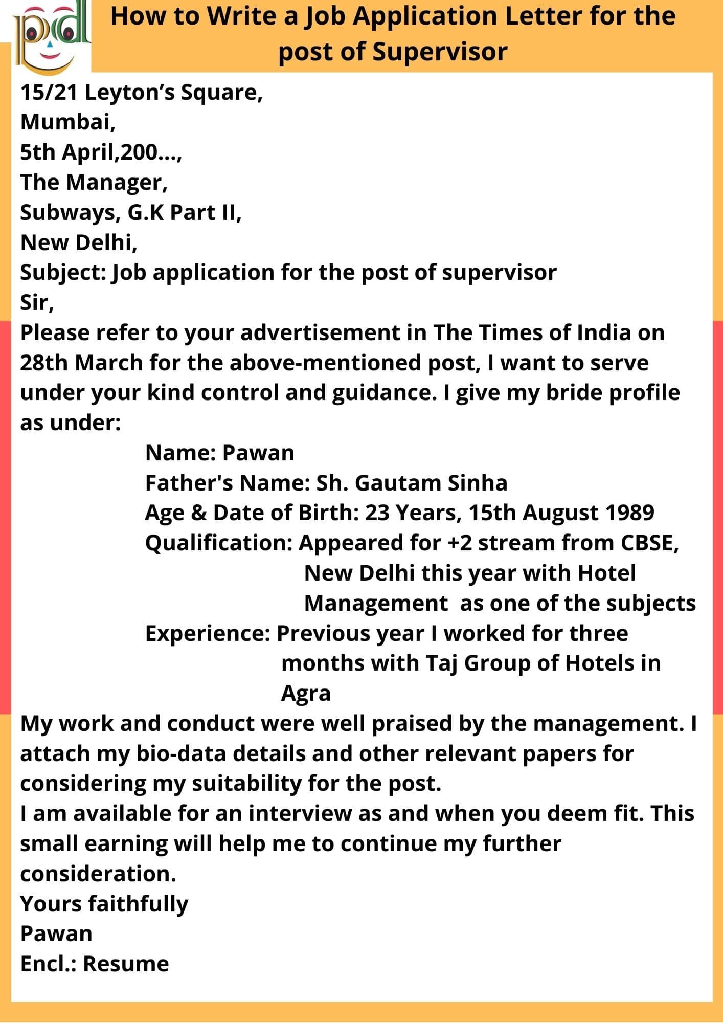application letter for a post of supervisor