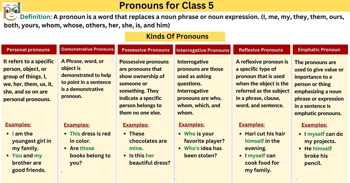 Pronouns For Class 5 Definitions Types Examples Worksheet PDF