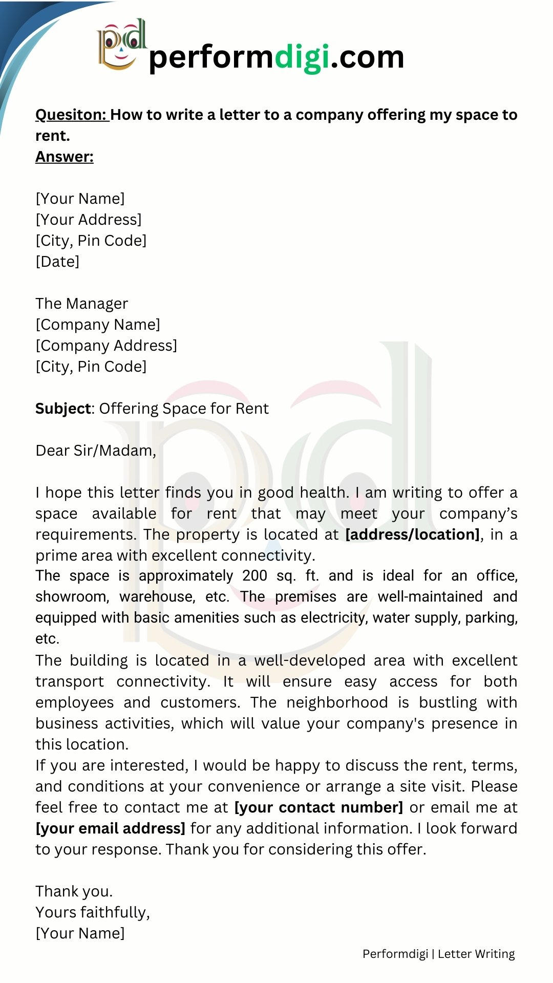 Letter to a Company Offering Space to Rent