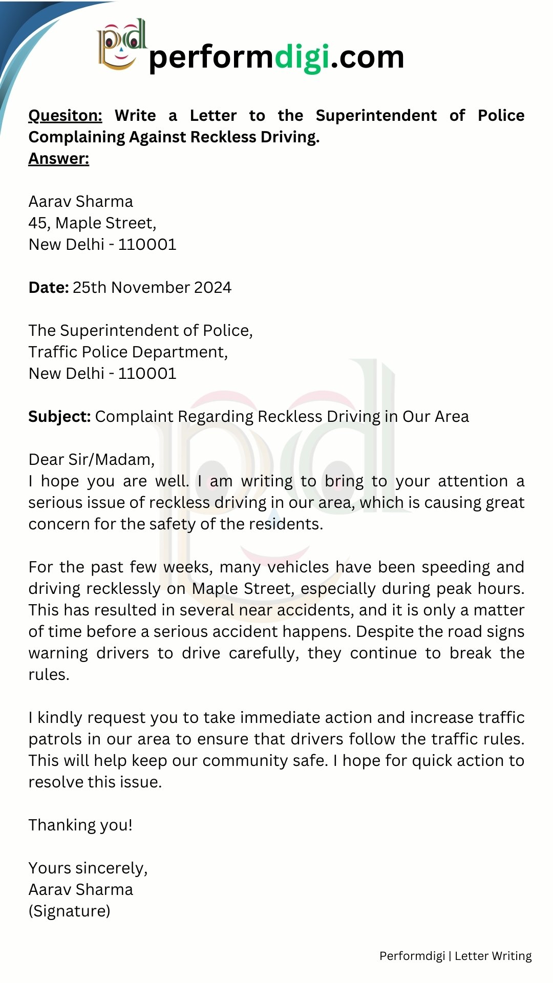 Write a Letter to the Superintendent of Police Complaining Against Reckless Driving