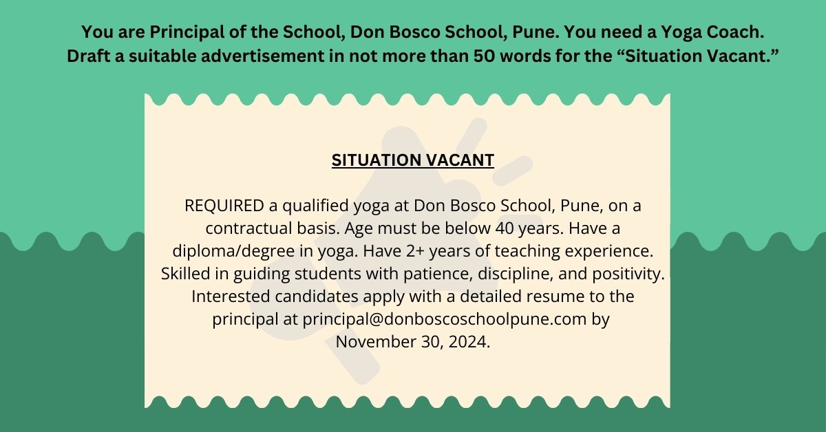 Situation vacant advertisement for Yoga Coach